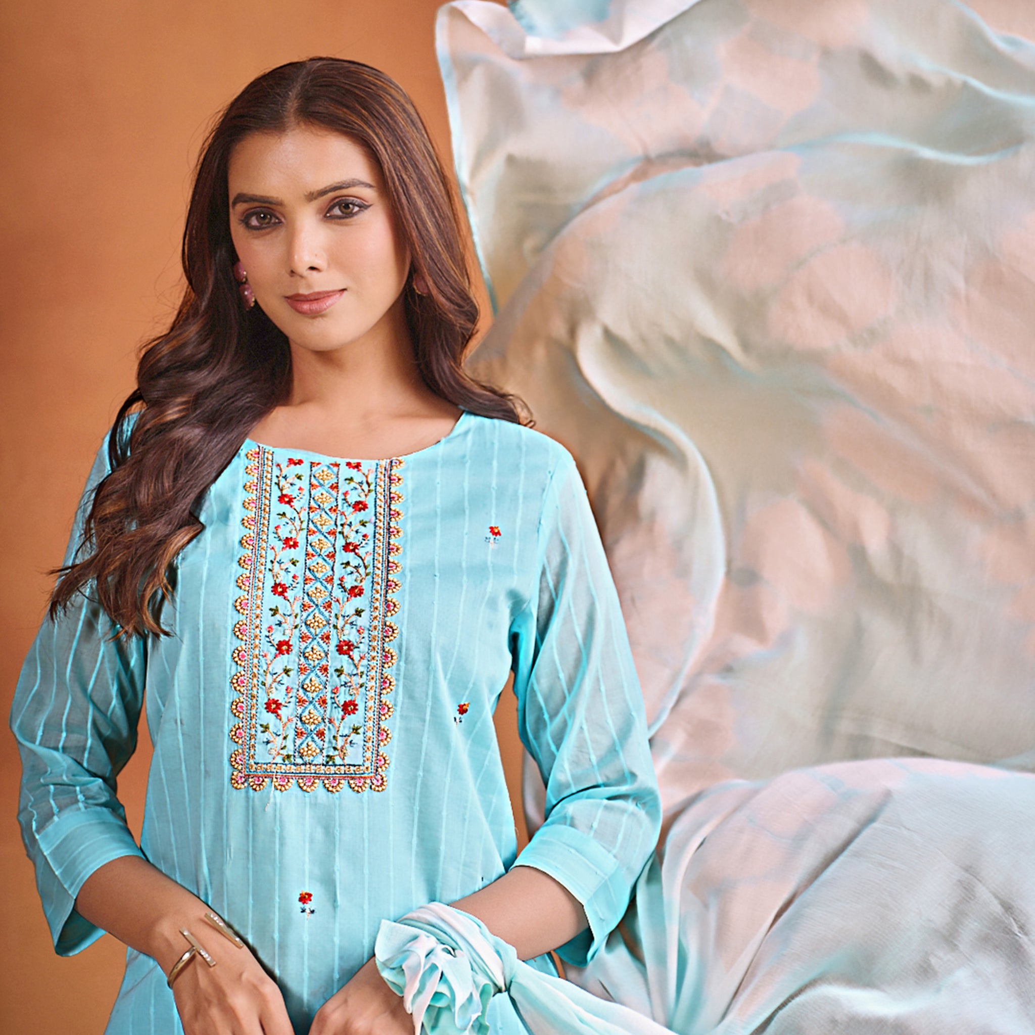 Youthnic Women's Pure Cotton Straight Embroidered Kurta Pant With Dupatta Set