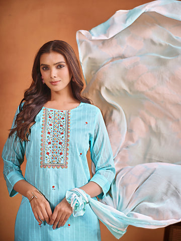Youthnic Women's Pure Cotton Straight Embroidered Kurta Pant With Dupatta Set