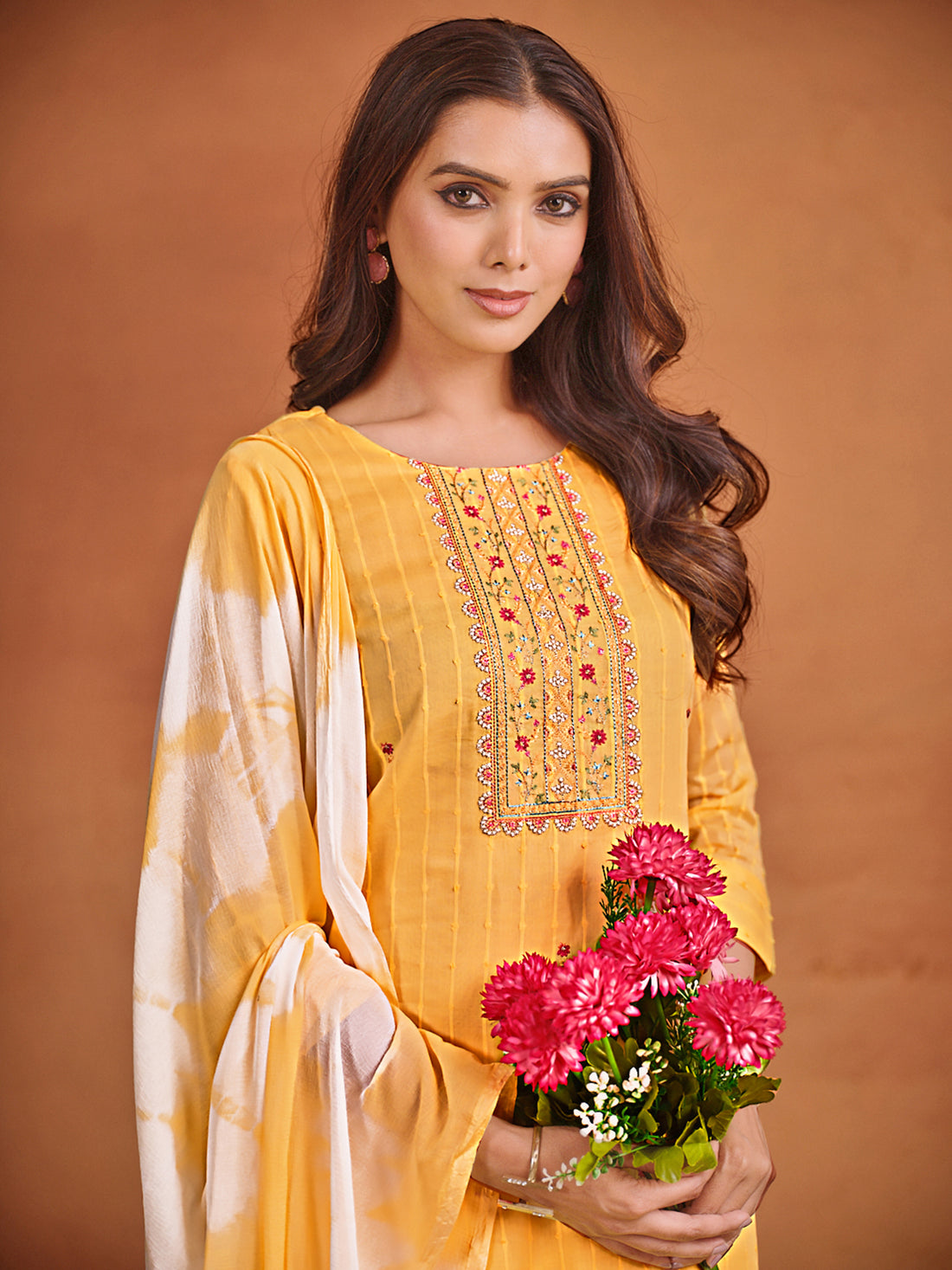Yellow Pure Cotton Yellow Straight Embroidered Kurta Pant With Dupatta Set