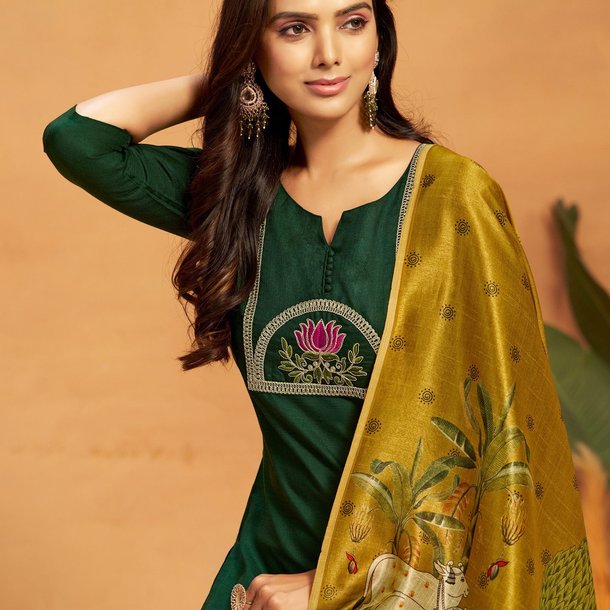 Cotton Blend Embroidered Kurta Salwar With Digital Print Dupatta Set