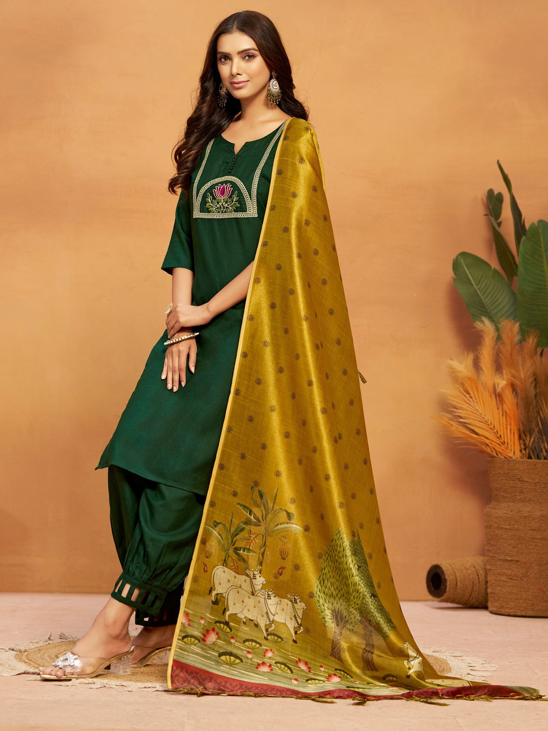 Cotton Blend Embroidered Kurta Salwar With Digital Print Dupatta Set