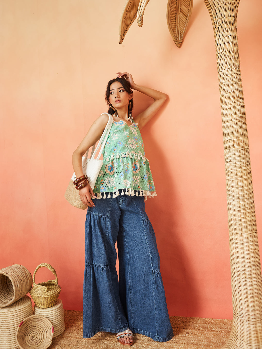 Green Pure Cotton Schiffli Embroidery Shoulder Knot Flared Short Top