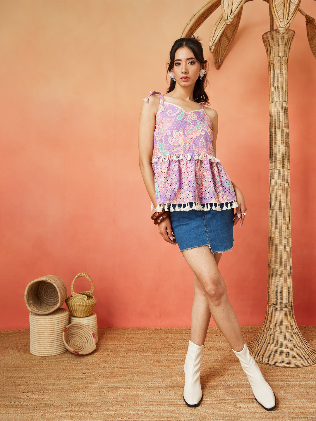 Purple  Pure Cotton Schiffli Embroidery Shoulder Knot Flared Short Top