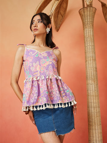 Purple  Pure Cotton Schiffli Embroidery Shoulder Knot Flared Short Top