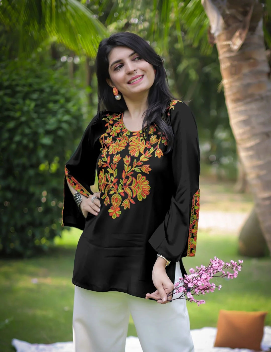 Black Rayon Yoke Embroidery Straight Short Kurti