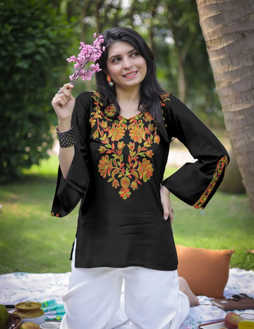 Black Rayon Yoke Embroidery Straight Short Kurti