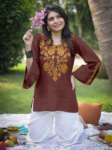 Brown Rayon Yoke Embroidery Straight Short Kurti