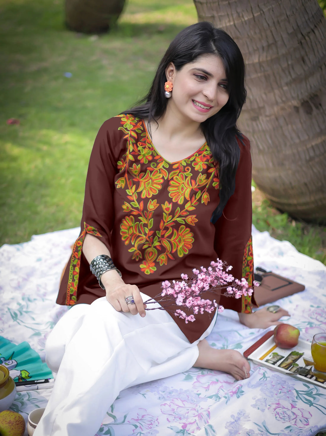 Brown Rayon Yoke Embroidery Straight Short Kurti