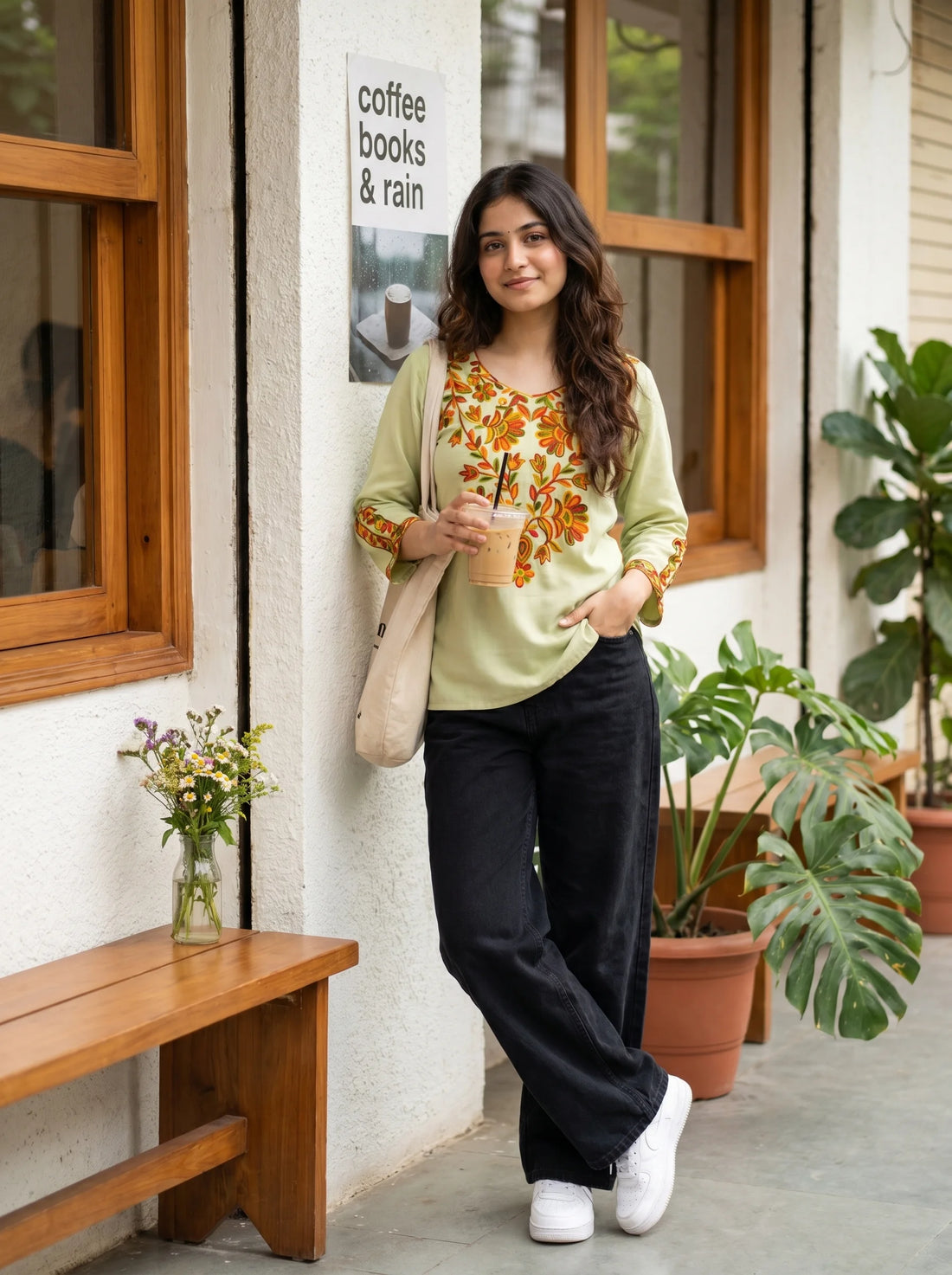 Light Green Rayon Yoke Embroidery Straight Short Kurti