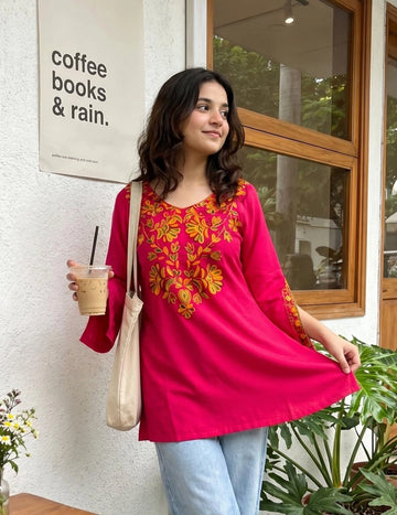 Pink Rayon Yoke Embroidery Straight Short Kurti