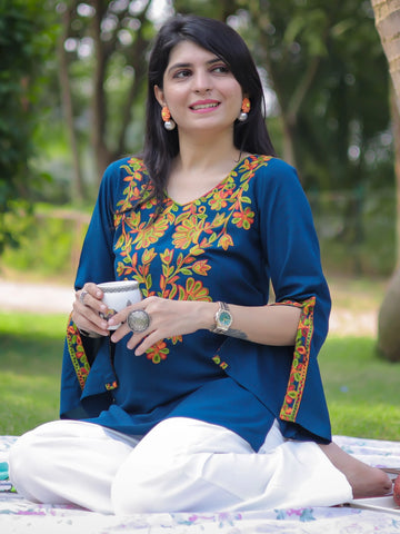 Teal Rayon Yoke Embroidery Straight Short Kurti