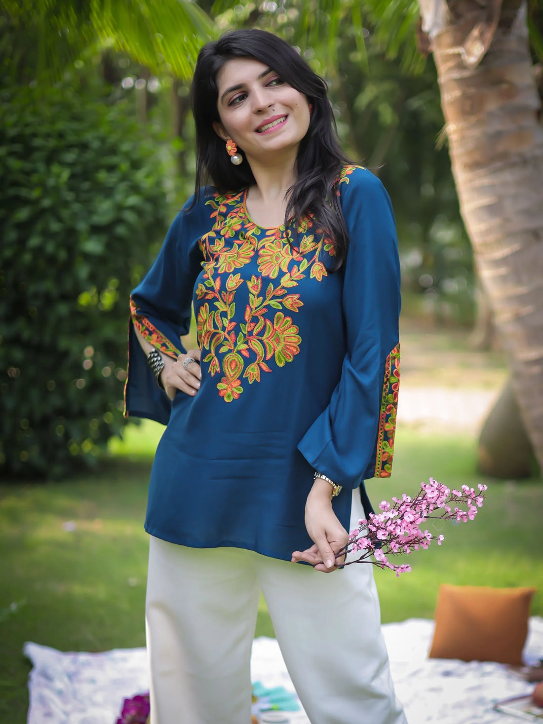 Teal Rayon Yoke Embroidery Straight Short Kurti