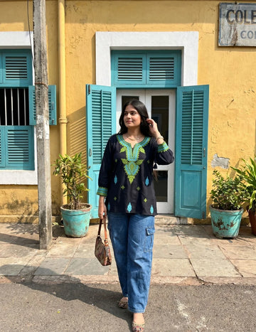 Black Viscose Rayon Embroidered Straight Short Kurti