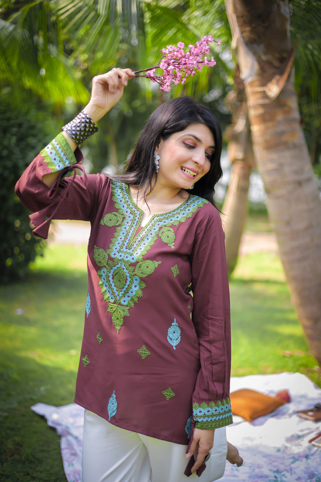 Brown Viscose Rayon Embroidered Straight Short Kurti