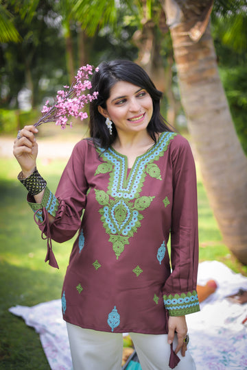 Brown Viscose Rayon Embroidered Straight Short Kurti