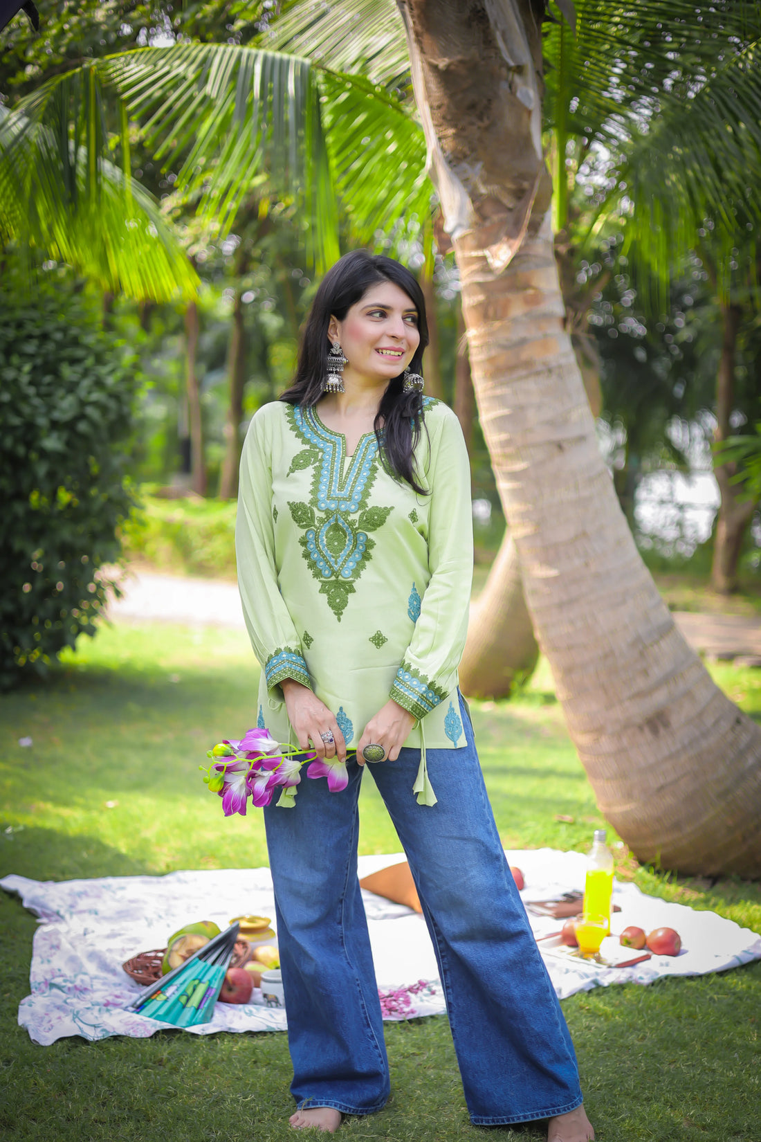 Light Green Viscose Rayon Embroidered Straight Short Kurti