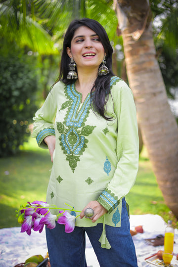 Light Green Viscose Rayon Embroidered Straight Short Kurti