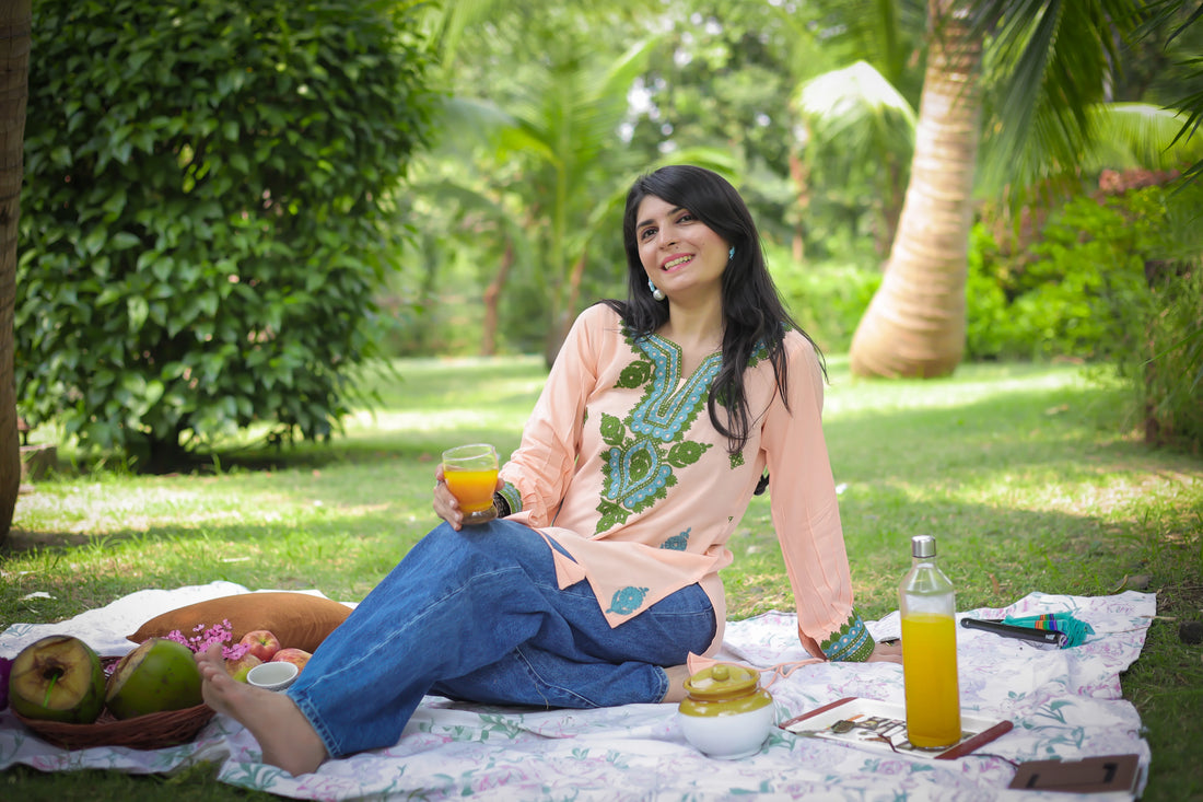 Peach Viscose Rayon Embroidered Straight Short Kurti