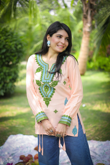 Peach Viscose Rayon Embroidered Straight Short Kurti