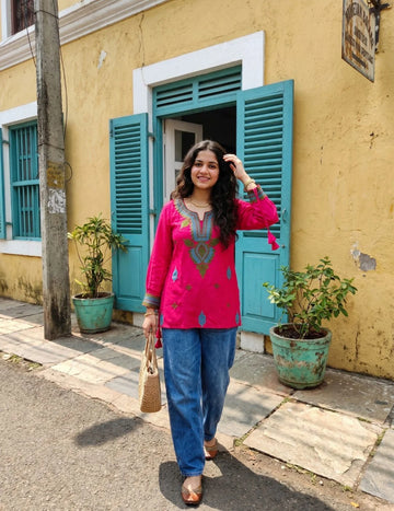 Pink Viscose Rayon Embroidered Straight Short Kurti