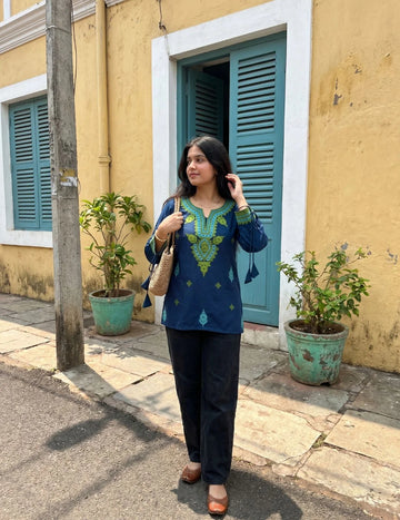 Teal Viscose Rayon Embroidered Straight Short Kurti