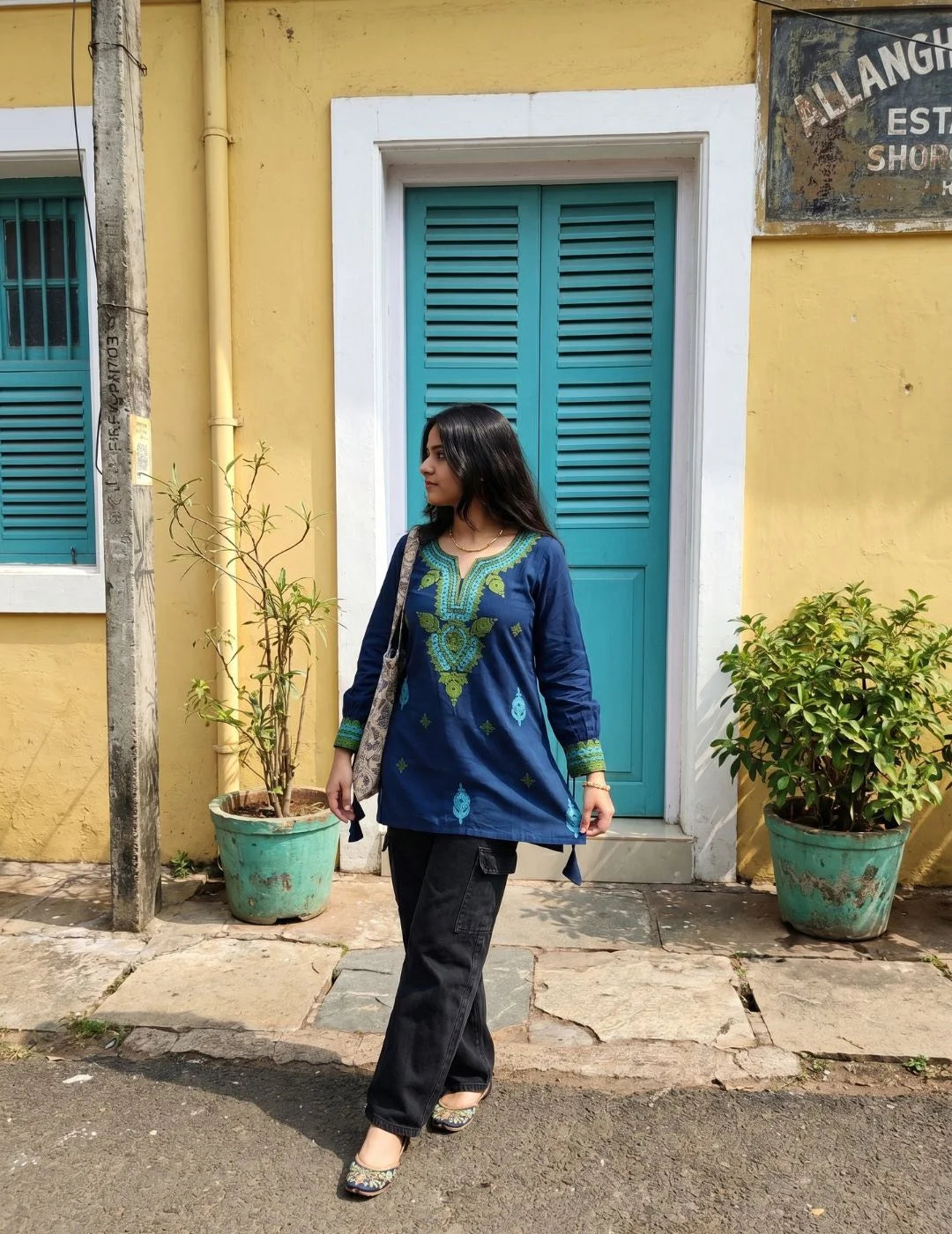 Teal Viscose Rayon Embroidered Straight Short Kurti