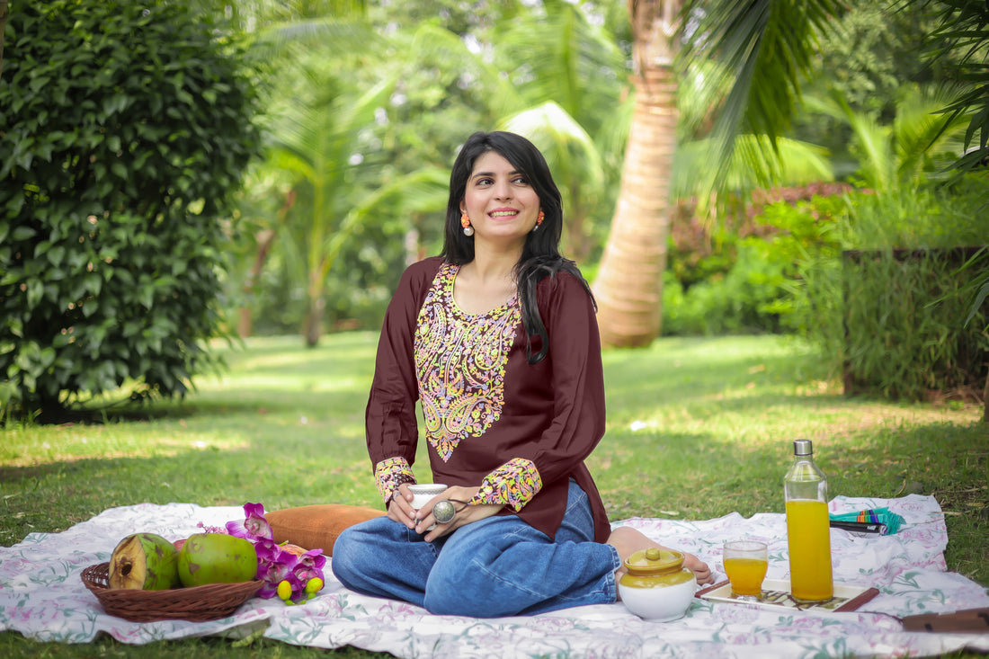 Brown Viscose Rayon Yoke Embroidery Short Kurti