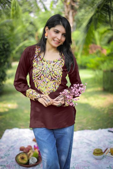Brown Viscose Rayon Yoke Embroidery Short Kurti