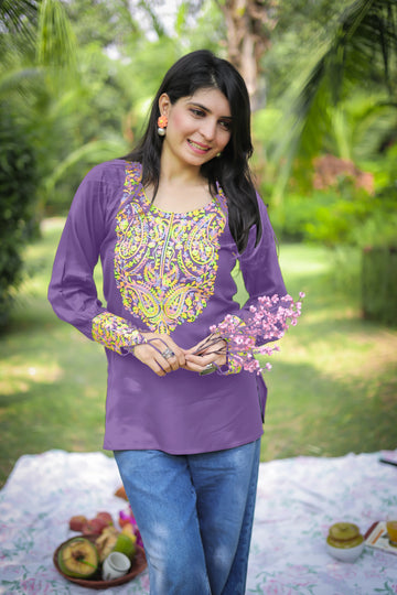 Dusty Purple Viscose Rayon Yoke Embroidery Short Kurti