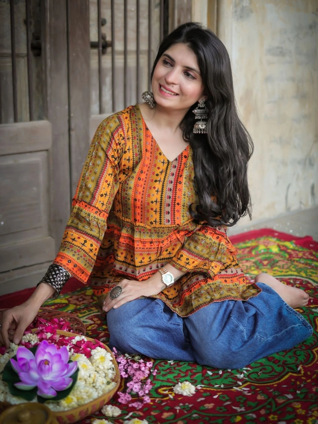 Mustard Viscose Rayon Trible Print A-Line Short Kurti