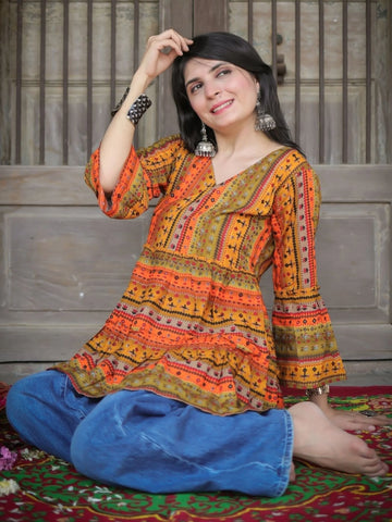 Mustard Viscose Rayon Trible Print A-Line Short Kurti