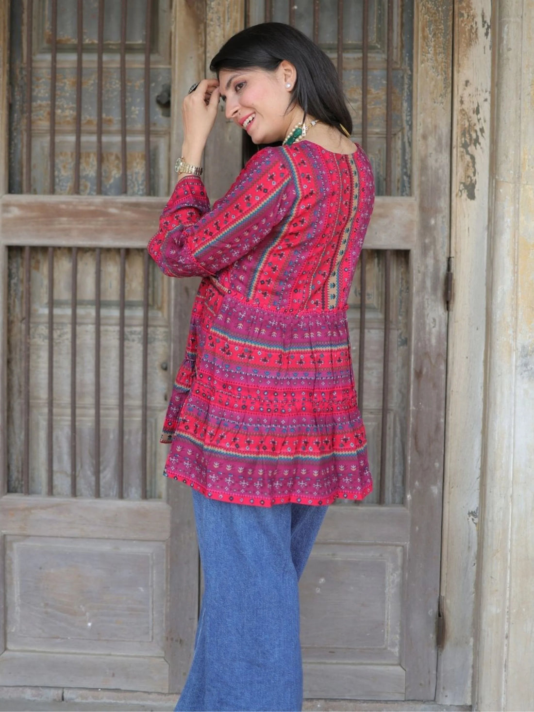 Pink Viscose Rayon Trible Print A-Line Short Kurti