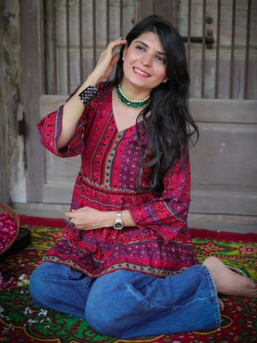 Pink Viscose Rayon Trible Print A-Line Short Kurti