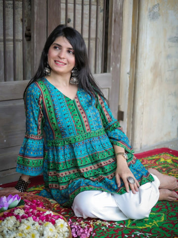Rama Viscose Rayon Trible Print A-Line Short Kurti