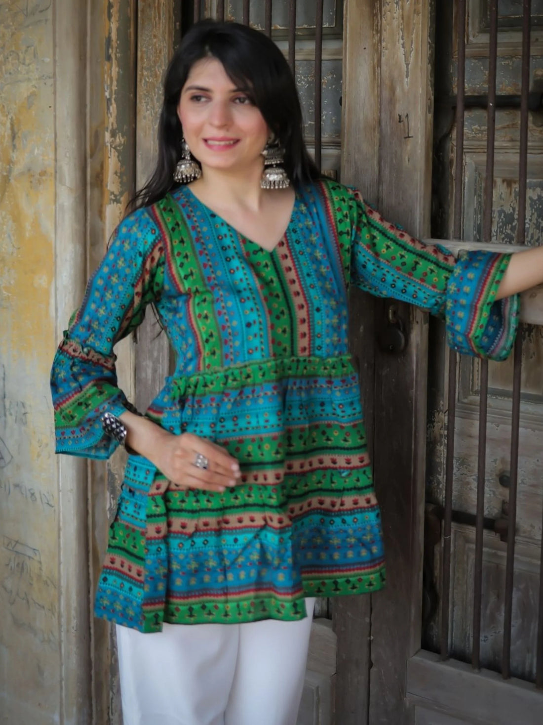 Rama Viscose Rayon Trible Print A-Line Short Kurti