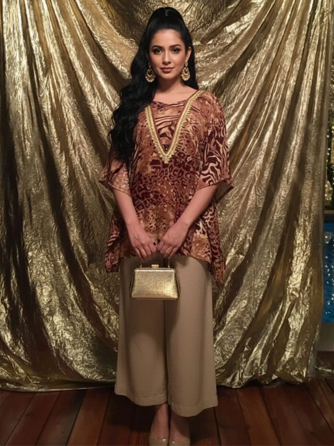 Brown Viscose Leopard Print Kaftan Short Kurti