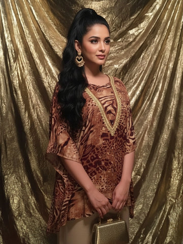 Brown Viscose Leopard Print Kaftan Short Kurti