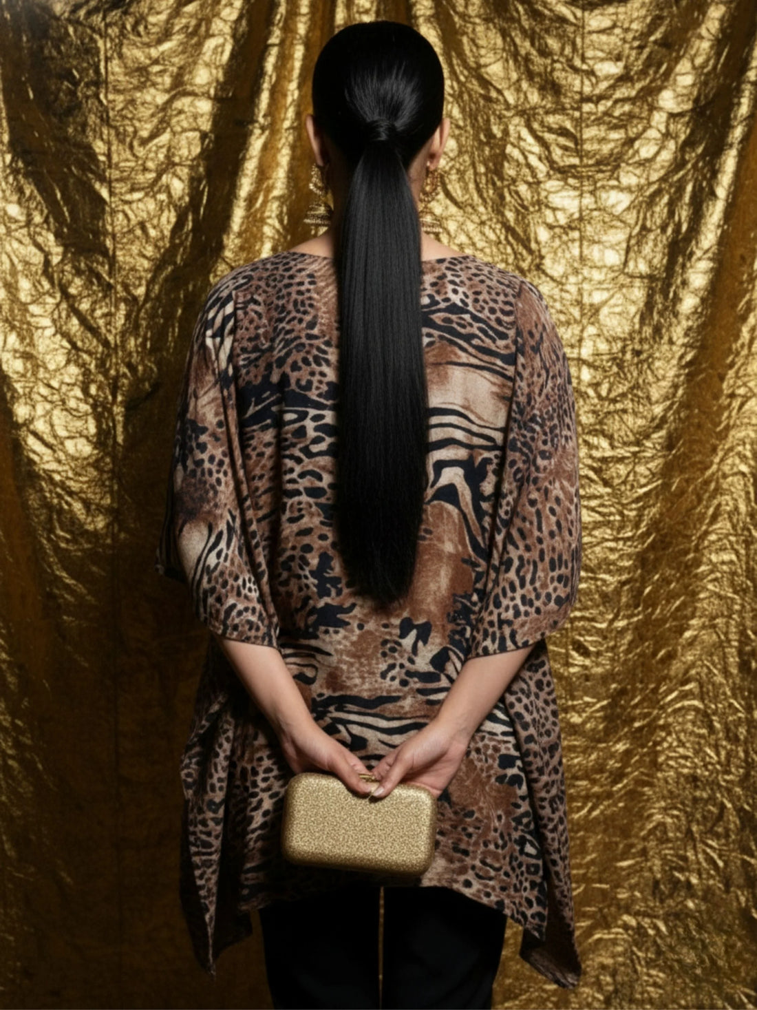 Navy Viscose Leopard Print Kaftan Short Kurti