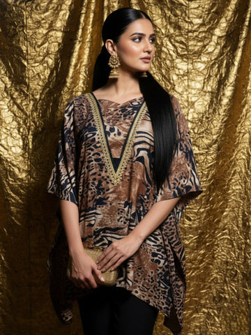 Navy Viscose Leopard Print Kaftan Short Kurti