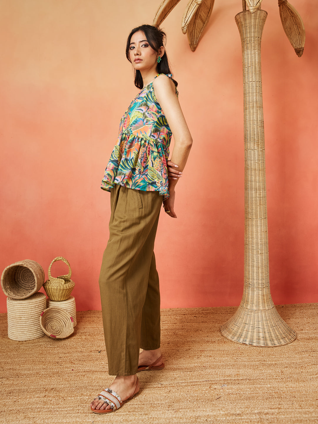 Rama linen Floral Print Shoulder Knot Flared Short Top