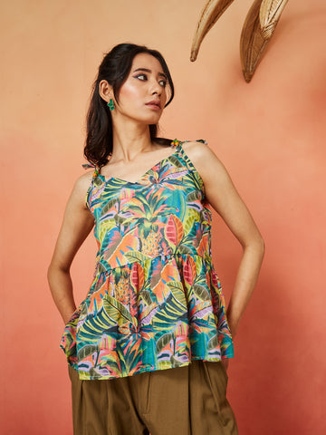 Rama linen Floral Print Shoulder Knot Flared Short Top