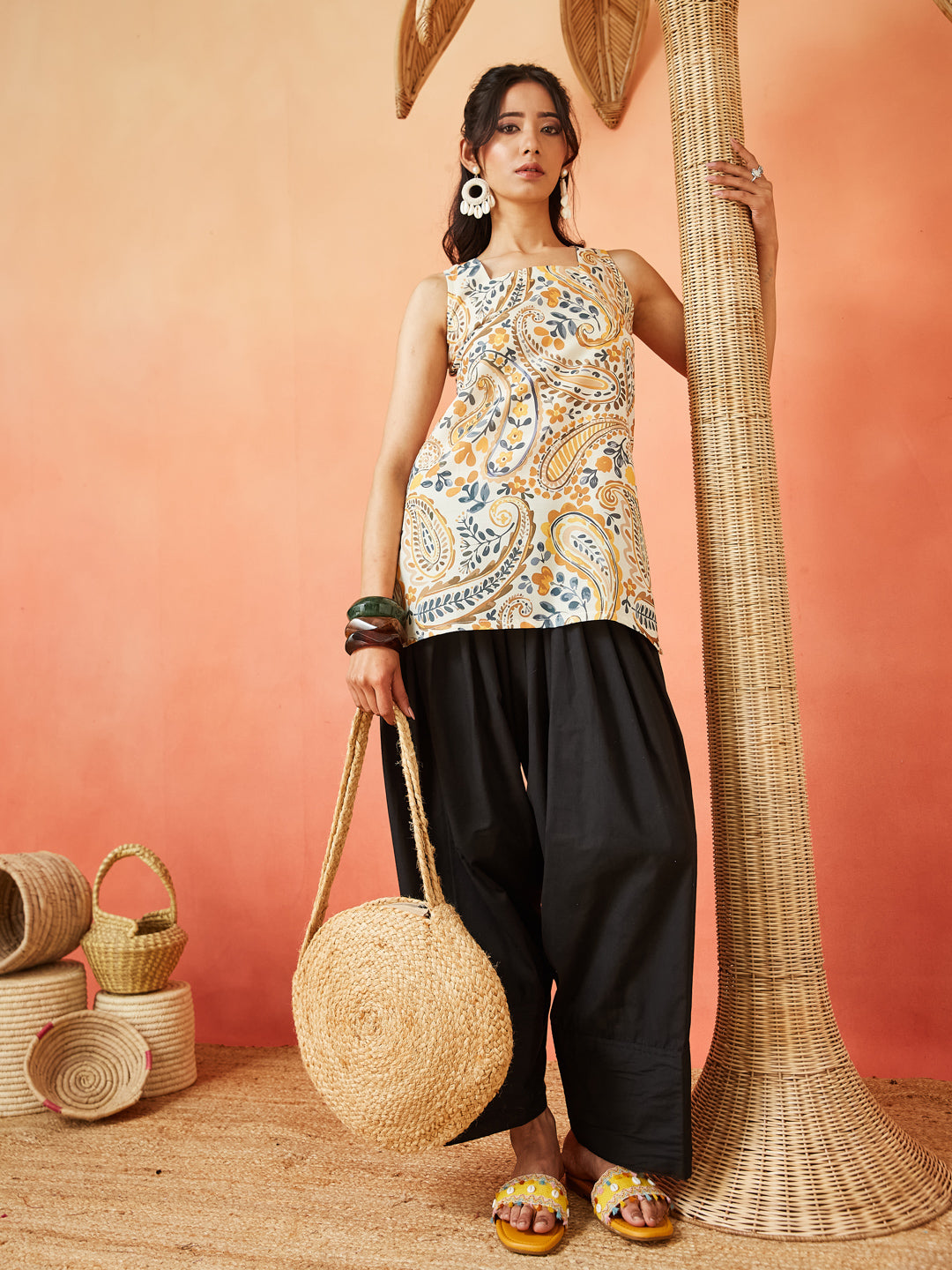 Yellow Cotton Blend Floral Digital Print Straight Short Kurti