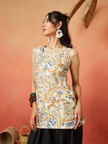 Yellow Cotton Blend Floral Digital Print Straight Short Kurti