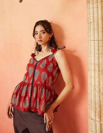 Maroon Cotton Blend Ajrak Print Shoulder Knot Short Top