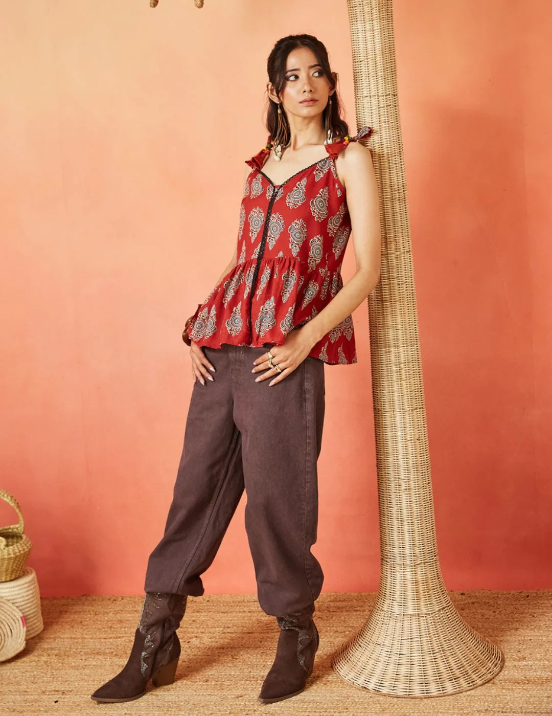 Maroon Cotton Blend Ajrak Print Shoulder Knot Short Top