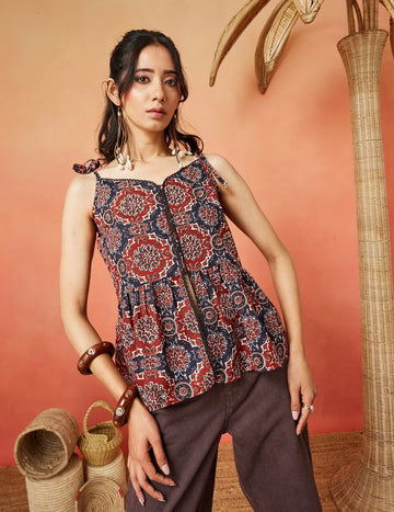 Rust Cotton Blend Ajrak Print Shoulder Knot Short Top