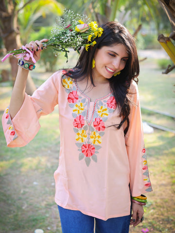 Peach Viscose Rayon Yoke Embroidery Straight Short Kurti