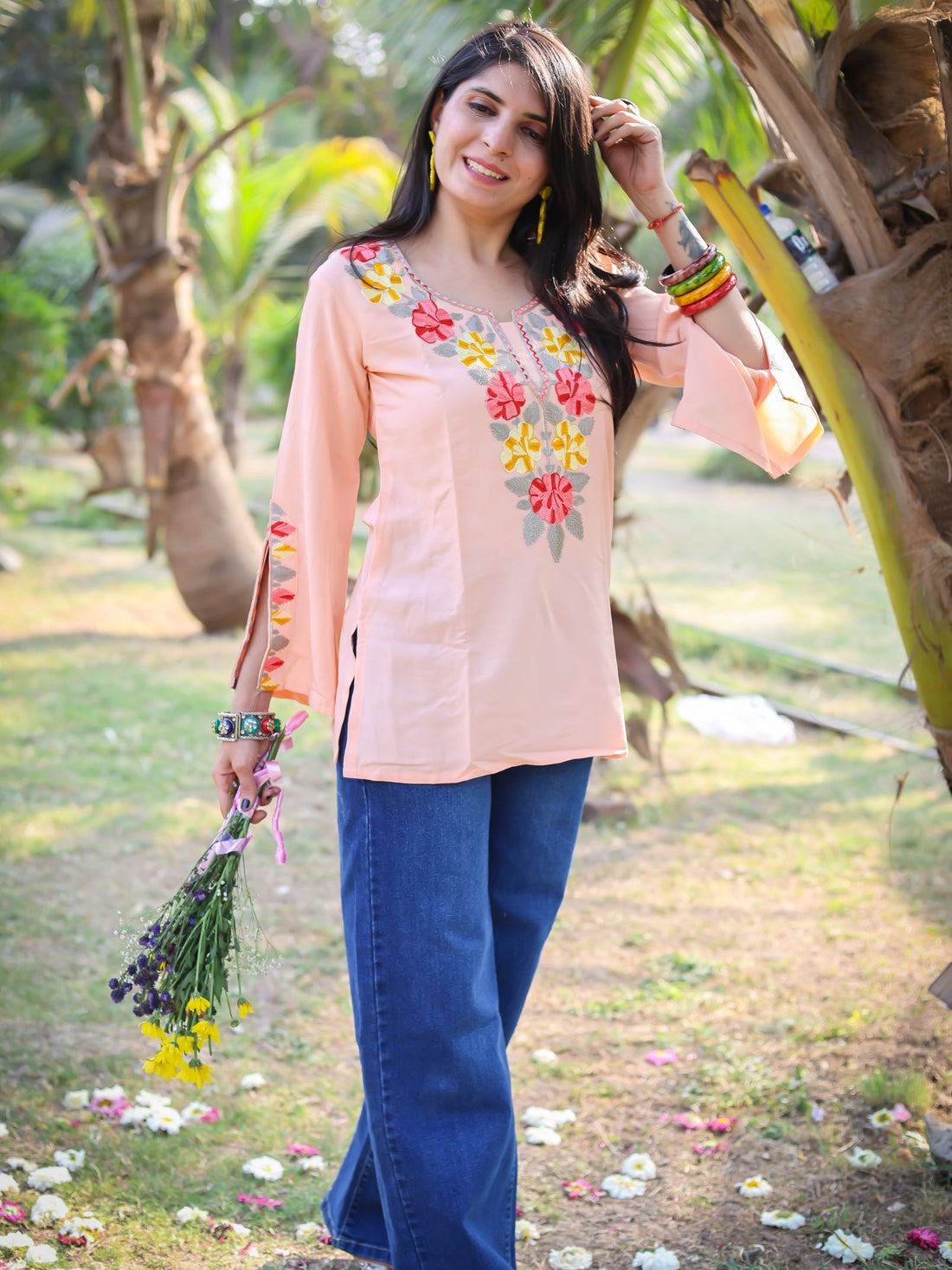 Peach Viscose Rayon Yoke Embroidery Straight Short Kurti