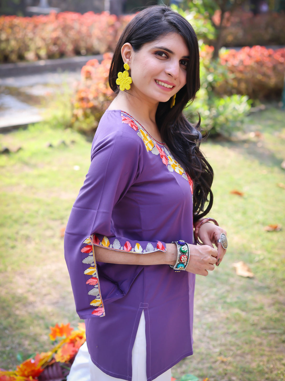 Purple Viscose Rayon Yoke Embroidery Straight Short Kurti