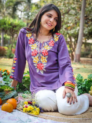 Purple Viscose Rayon Yoke Embroidery Straight Short Kurti